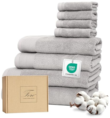 Ferò Luxus Handtücher Set Baumwolle, 8 Teile, Low Twist Baumwolle, 550 g/m²,Oeko-TEX,Italienisches Design,2 handtücher 70x140cm,2 Handtuch 50x100cm,4 Gästehandtuch 30x30cm, Hellgrau