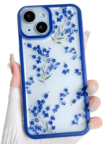 NITITOP Compatible with iPhone 15 Case Clear Cute Flower Floral Branch Design for Women Girls Color Frame Transparent Slim Soft TPU Shockproof Protective Cover - Blue