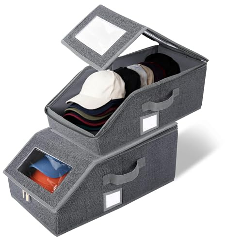 2 Pack Stackable Hat Storage for Baseball Caps, Holds up to 30 Caps | Clear Hat Organizer with Cardboard, Breathable Fabric, Space-Saving Box for Closet
