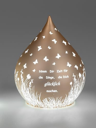 formano 1 Stück Deko-Tropfen in Frosty-Gold mit LED-Licht + Timer 15cm aus Farbglas mit Spruch: Nimm Dir Zeit für..., für 3x AA Batterien 1,5V-Dekolampe, Batterie nicht enthalten