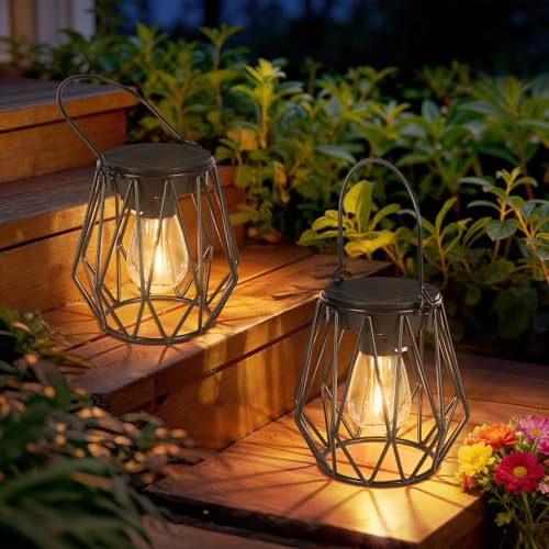 Kimjo Solarlampen für Außen Garten Deko, LED Solarleuchten für Balkon | IP65 Wasserdicht Solarlampen für Außen Hängend/Stehend, Metall Solarlaterne Outdoor, Warmweiß Solar Laternen für Draußen