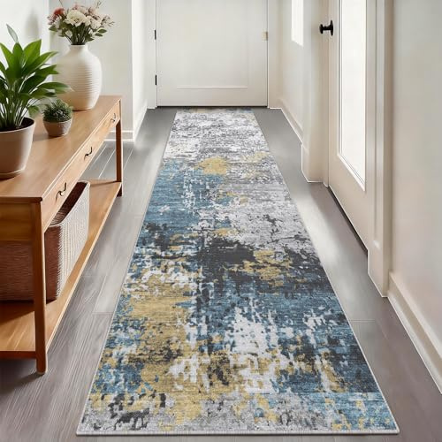 SOANNY Teppich Läufer, Kurzflor rutschfest, 60x180 cm, Marineblau-Gold | Modern Abstrakt, Weich, Waschbar, Pflegeleicht, Rutschfest, Für Flur Wohnzimmer Schlafzimmer Küche Büro Bettumrandung