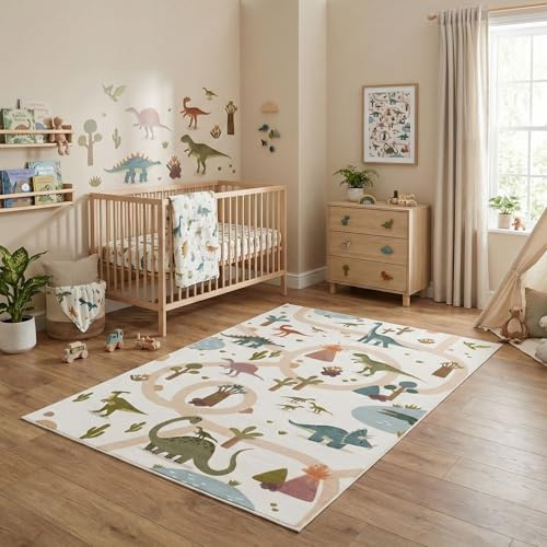 Carpetsale24 Kinderteppich Dinosaurier Spielteppich für Kinderzimmer in Creme Dino Motiv mit Straßen Größe 80x150 cm ideal für kleine Spielbereiche