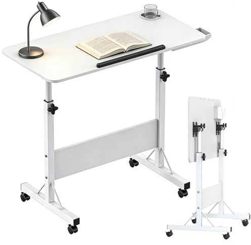 Verdego Höhenverstellbarer Schreibtisch mit Rollen, Kleiner Schreibtisch Klappbar 84x40cm Höhe 67-95 cm, Beistelltisch Höhenverstellbar, Mobiler Computertisch für Homeoffice, Stehpult Kleiner, Weiß