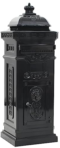Säulenbriefkasten Aluminium Vintage-Stil Schwarz rostfrei mit Einwurfklappe abschließbar und wetterfest, 102,5 cm hoch, ideal für Garten, Eingang, Zaun, Mauer, Außenbereich