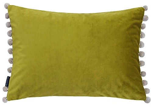 Paoletti Fiesta Rectangular Cushion Cover – Faux Velvet with Pompom Edges (Bamboo/Natural – 35 x 50cm)