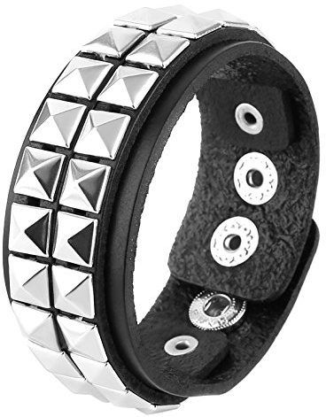 HZMAN Unisex Black Genuine Leather Silver Pyramid Studs Wristband 80s Gothic Punk Glam (2 Rows)