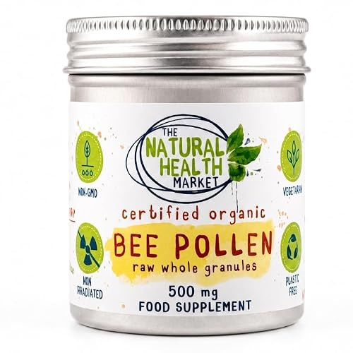 Raw Organic Spanish Bee Pollen Capsules 500mg | 120 Capsules | Plastic Free | Soil Association Certified Organic, Non-GMO, No Magnesium Stearate, HPMC Capsule Shell, Made in England