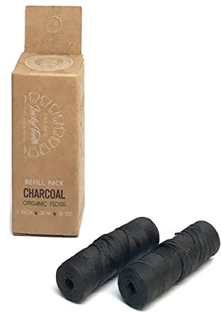 Organic Bamboo Fibre with Activated Charcoal Floss Refills with Tea Tree and Peppermint Essential Oils 60 m/66 yds - by Lucky Teeth (2 Pack)