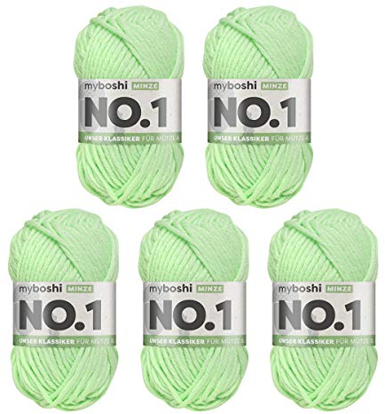 myboshi No.1 Wolle zum Häkeln und Stricken, Schnellstrickgarn, langlebige Mützenwolle, Strickwolle, Häkelwolle, mulesing-frei, 50g, Ll 55m Grün (Minze) 5 Knäuel