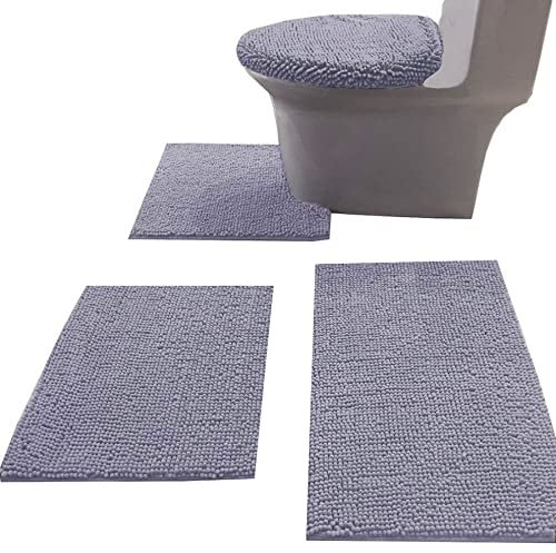 Madeals Chenille Badteppich-Set mit WC-Deckelbezug und U-förmigem WC-Bodenteppich, Grau