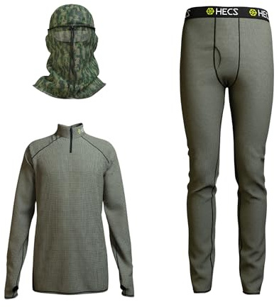HECS Hunting Base Layer 3-Piece Hunting Suit | Quarter Zip Shirt, Pants & Head Cover with Bioelectric Shielding | Patented Technology | Hunting Clothes for Men - XL Olive