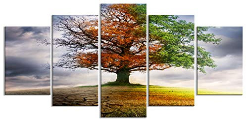 decomonkey - Impression sur Toile Intissé Arbre 225x112.5 5 Pièces - Tableau Décoration Appartement Cadre en Bois Déco Salon Peinture sur Toile Maison Nuages arbres coloré paysage nature ciel