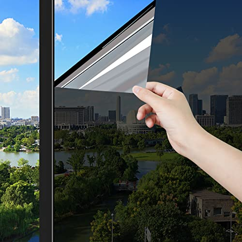 ConCus-T One Way Window Film, Heat Control Sun Blocker, Anti Glare Blackout Mirror Effect UV Solar Film, Static Cling, Black Silver, 60 x 400cm