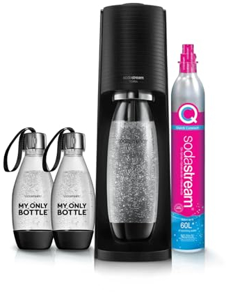 SodaStream Terra Pack - Máquina Gasificadora de Agua Color Negro, Incluye 1 Botella Fuse de 1L 2 Botellas Fuse de 0,5L y 1 Cilindro de Gas Color Rosa, Para Preparar Hasta 60L de Agua con Gas