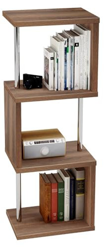 Bestier S-förmiges Bücherregal mit 3 Ebenen, freistehend, modernes Regal mit Metallrahmen, Ausstellungsregal für Wohnzimmer, Schlafzimmer, Büro, braun