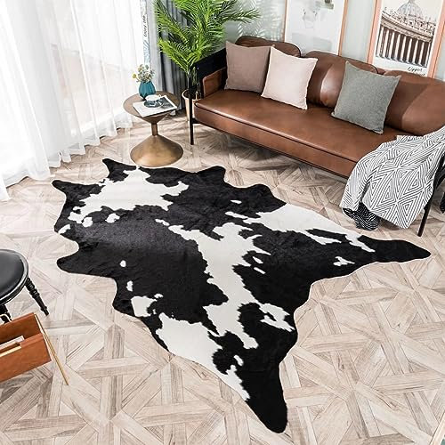 Plancholo Großer schwarzer Rindsleder-Teppich, Tier-Kunstfell-Teppich, 1,6 m x 2,2 m, Teppich, Kunstfell, Rindsleder, Tiermatte, Teppich für Zuhause, Schwarz und Weiß