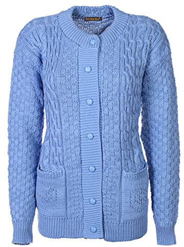 Lets Shop Shop Chunky Cable Knit Cardigan for Women Ladies Round Neck Long Sleeve Aran Plus Size 12 14 16 18 20 22 24 (LXL, Mid Blue)