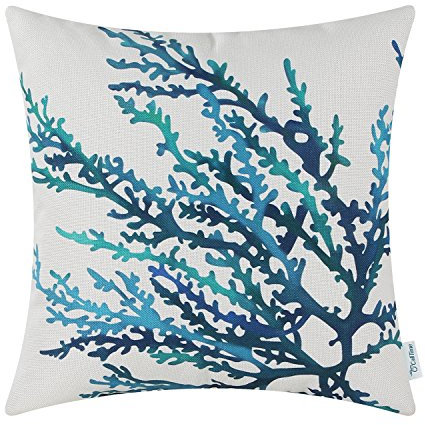 CaliTime Kissenbezüge Kissenhülle Leinwand Dekokissen Cover Shell für Couch Sofa Dekoration Aquarell Malerei Druck 50cm x 50cm Sea Coral Tree Blue Teal