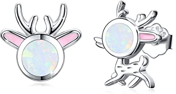 Weihnachten Rentier Ohrringe 925 Sterling Silber Weihnachtsohrringe Opal Ohrstecker Tier Ohrringe Hypoallergene Schmuck Geschenke für Damen Kinder Weihnachten