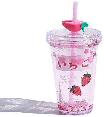 Botella de agua Kawaii de 15 onzas con pajita portátil con purpurina bonita taza con pattrns de fresa y aguacate Kawaii Stuff (rosa)