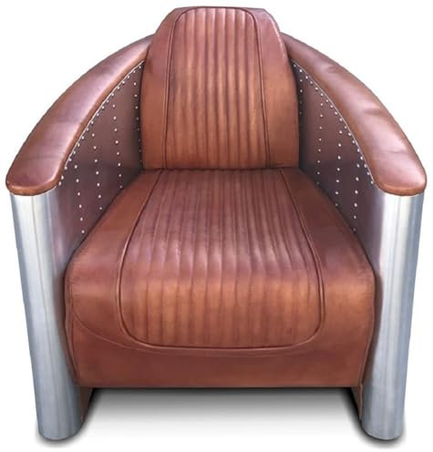 Casa Padrino Luxus Art Deco Leder Sessel 69 x 70 x H. 82 cm Aluminium Wohnzimmer Sessel mit Echtleder - Aluminium Flugzeug Flieger Sessel Möbel, Lederfarbe:Vintage Cognac