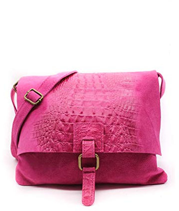 Kitise Womens Soft Italian Suede Leather CrocSkin Pattern Flap Over Small Shoulder Messenger Handbag Cross Body Side Bag For Ladies (Fuchsia)
