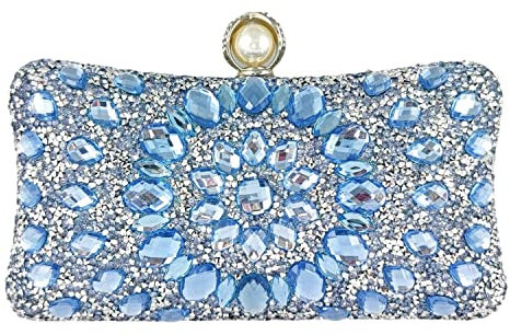 Boutique De FGG Chiusura a Perla Donna Borsa di Cristallo Borse da Sera del Partito con Strass Pochette e Clutch da Sposa con Diamante, Piccolo, Azzurro