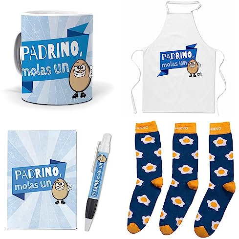 Que Regalar para Padrinos. Padrino molas un Huevo. Taza,Delantal, libreta, boli y Trio de Calcetines