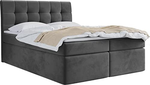 WFL GROUP Boxspringbett mit Bettkasten 120x200 140x200 160x200 180x200 200x200 Doppelbett Gepolstert Bett Mit Matratze und Topper - Stauraumbett mit Kopfteil - Dunkel Grau Samt - 140 x 200 cm