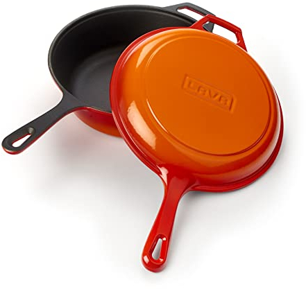 Lava Enameled Cast Iron Combo Deep Skillet and Frying Pan Lid - 10 Inch Diameter, Three Layers of Enamel Coated, 2-in-1 Dual Use Cast Iron Multi Cooker (Orange)