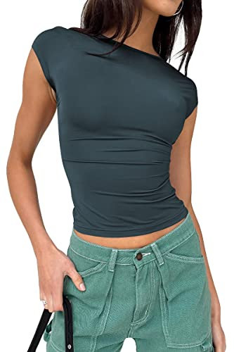 EFAN Damen Sexy rückenfreie Oberteile mit offenem Rücken, bauchfrei, kurzärmelig, T-Shirts, niedliche Sommerkleidung Y2k Tops 2023, Haseblau, Mittel