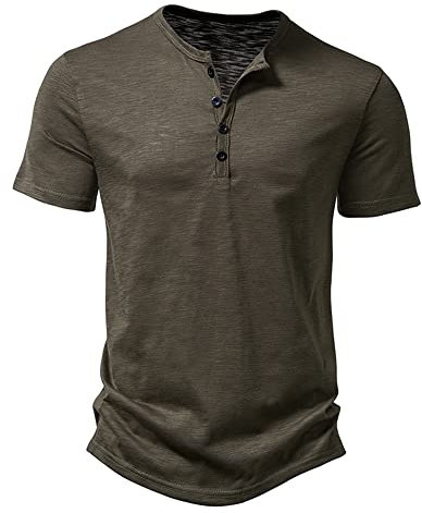 Men's Casual Grandad Collar Henley T Shirt Muscle Fit Summer Smart Short Sleeve 4 Buttons Tee Slim Fitted Collarless Polo T-Shirts Tops-Army Green-M