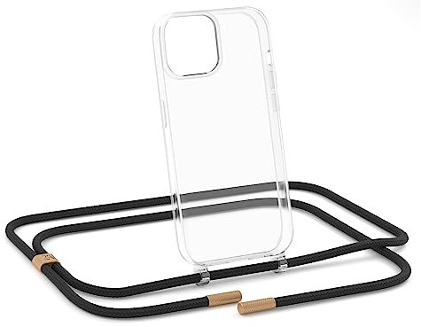 ZhinkArts - Handykette kompatibel mit iPhone 13 Pro Max - Handyhülle zum Umhängen - Band/Schnur abnehmbar - Necklace - Clear - Schwarz - Gold