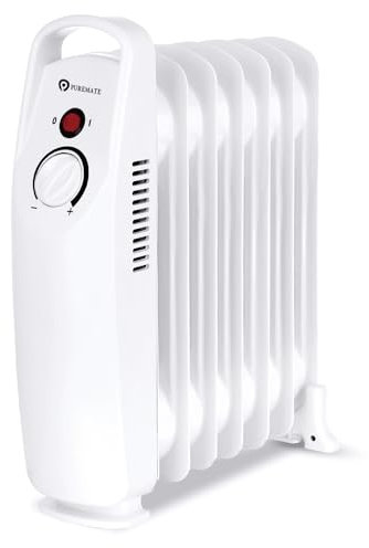 PureMate Oil Filled Radiator 700W, Portable Mini 7 Fin Electric Heater with Adjustable Thermostat and Overheat Protection, Thermal Safety Cut off & Power Indicator Light