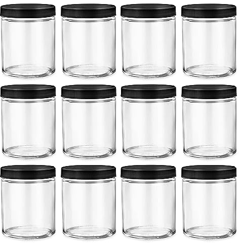 North Mountain Supply Einmachgläser aus klarem Glas, gerade Seiten, mit 63 mm schwarzen Kunststoffdeckeln, 12 Stück