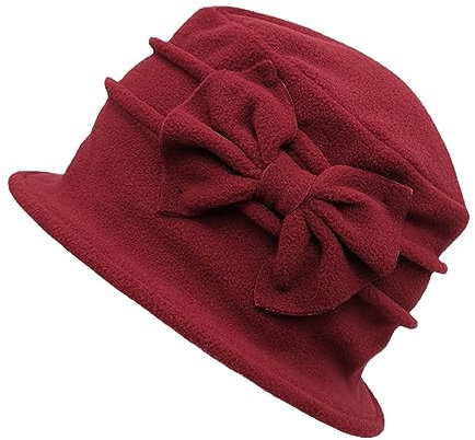 ZffXH Bucket Hat Damen, Weinrot Winter Warm Women Wool Knit Fleece Floral Eimer Cloche Hut, Ladies 20er Jahre Frauen Hat, Pflaume Stop Kirche Derby Eimer Vintage Cap