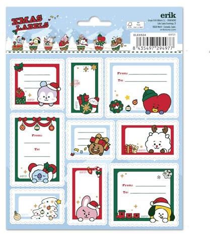 Grupo Erik Aufkleber Etiketten BT21 mit einer Größe von 8x4 cm und Illustrationen mit den Hauptfiguren, Etiketten zum Beschriften, 16 Klebeetiketten Set