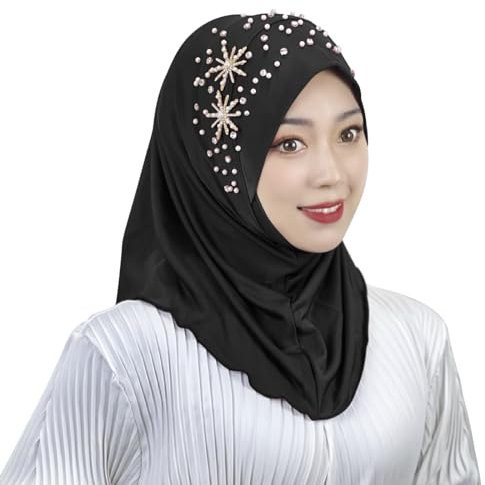 Chic Klassisches Muslim Kopftuch Mit Schöner Perle Diamond - Islamische Muslimische Kopftücher, Weicher Einfarbiger Hijab, Full Neck Abdeckung, Sport Turban Untertuch Kopfbedeckung für Damen
