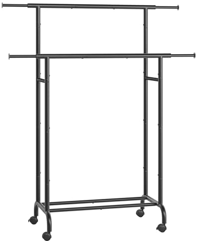 SONGMICS Kleiderständer auf Rollen, doppelte Stangen, ausziehbare Kleiderstangen, Garderobenständer aus Stahlrohren, bis 80 kg belastbar, 83-120 cm breit, tintenschwarz HSR133B01