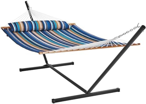 VEVOR Hängematte für 2 Personen mit Ständer, 207 kg Tragkraft, Doppelhängematte mit 3,66 m Stahlständer und tragbarer Tragetasche und Kissen, Hängematte für den Außenbereich, Terrasse, Garten, Strand