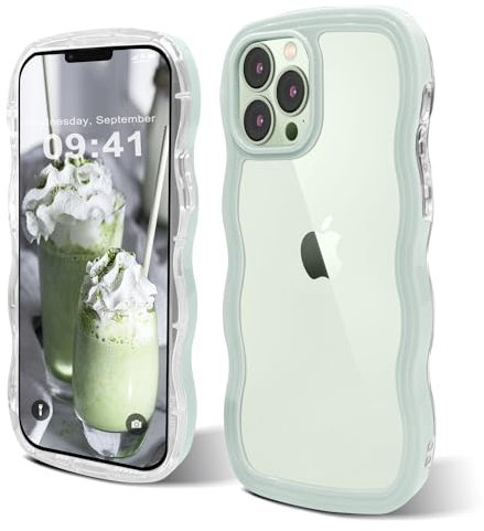 ORDA Cute Wave Frame Case for iPhone 13 Pro Max: Curly Shape, Shockproof Hard PC, Women & Girls phone Cover, Green