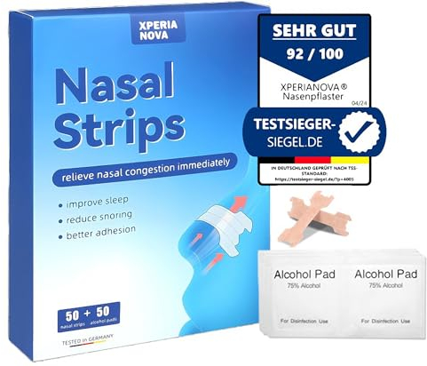 XperiaNova® Nasenpflaster + Alkoholpads (jeweils 50 Stück), extra stark, Nasenspreizer, Nasenstrips, Schnarchen, besser schlafen, Schnarchpflaster, Nasentape, verstopfte Nase, Heuschnupfen