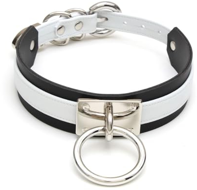 lalatia Damen O Ring Choker Halsband Kunstleder Halskette für Frauen (Weiß Schwarz Silber)