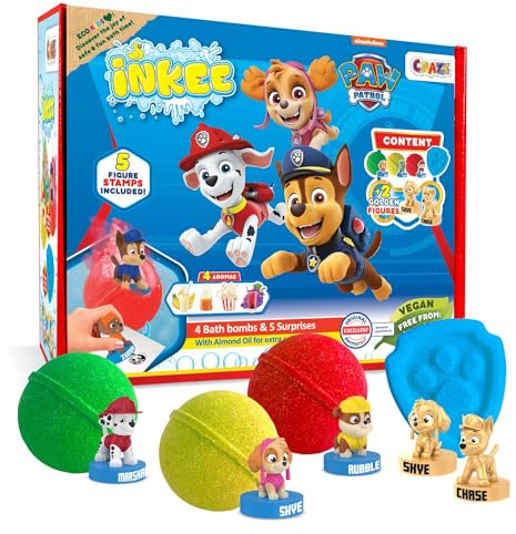 INKEE Coffret de bain PAT PATROUILLE - Set de bain avec 4 boules de bain et 5 figurines Pat Patrouille, Bombes de bain surprise parfumées à l'huile d'amande douce