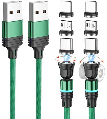 BITHAI 540° Fast Charging Magnetic data Cable 2 Pack Magnetic Charging Cable Type C, Micro Usb, iProducts connectors (10ft+10ft)