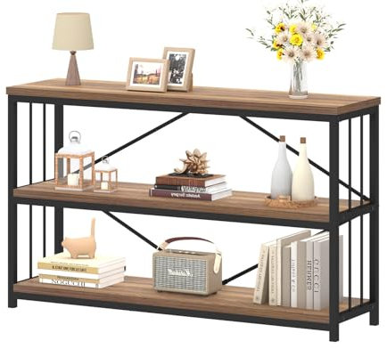 IBF 3 Tier Bookshelf Storage Organizer, Industrial Short Wide Open Horizontal Bookcase, Farmhouse Low Wood Metal Book Shelf for Office, Modern Vintage Etagere in Bedroom Living Room, Rustic Oak, 47 In