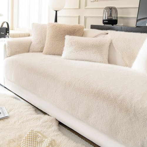 ShowyLive Samt Sofa überzug 1/2/3/4 Sitzer L Form Couch Überzug Ecksofa rutschfest Hund Katze -Antirutsch, Anti Slip Sofabezug Sofa Überwurf (Beige, 90 * 210CM)