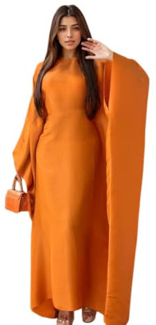 RUIG Women Satin Abaya Dress Islam Muslim Summer Batwing Sleeve Maxi Dress Kaftan Robe Ramadan Clothes Orange