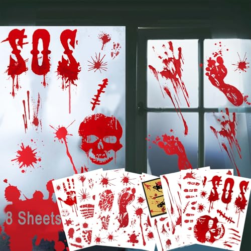 8 Sheets Halloween Fensterbilder, Halloween FensterAufkleber Blutige Aufkleber, Fledermaus Castle, Fensteraufkleber Geist für Halloween party Deko Fenster